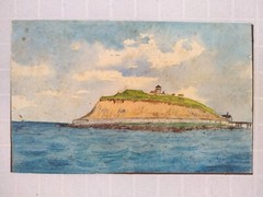 Watercolor Painting Original Ocean Island Houses on Bluff Unframed Vintage