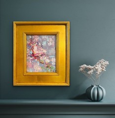 KADLIC Original Oil Painting Modern Abstract Landscape Pink Gray Gold Gilt Frame