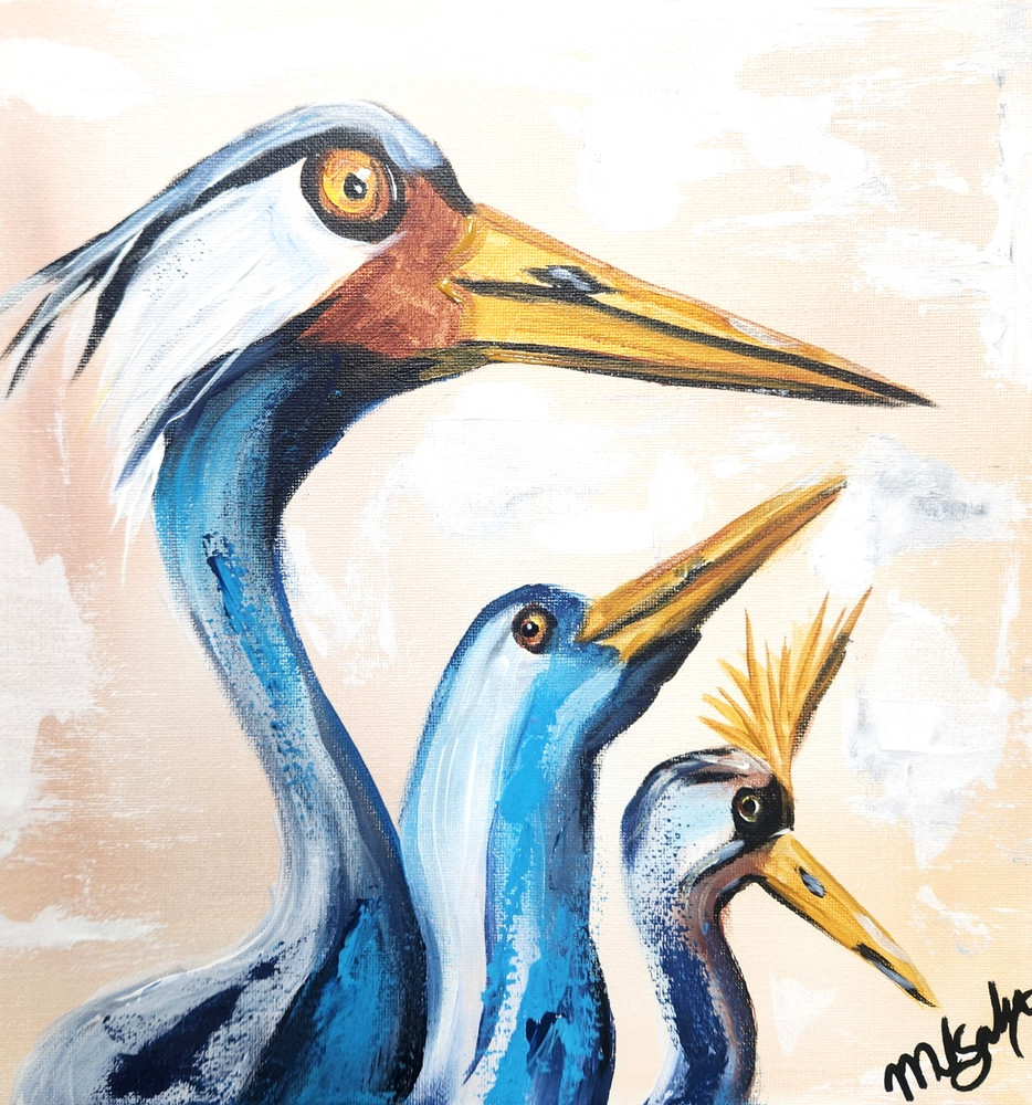 Heron Family Painting 12×12 Original Coastal Wildlife Art by M Isaksen