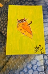 ACEO Original Acrylic Painting Minimal Cheesy Cat. 2.5″x3.5″ by Amanda Bute
