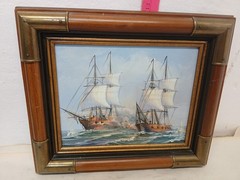Signed J Harvey Original Oil Painting Sailing Ship Seascape Framed Vintage