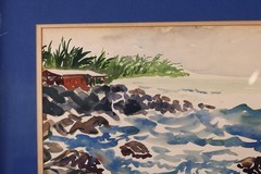 Vintage Coastal Scene With Rocks Ocean Watercolor Painting Signed Nancy M Kirk