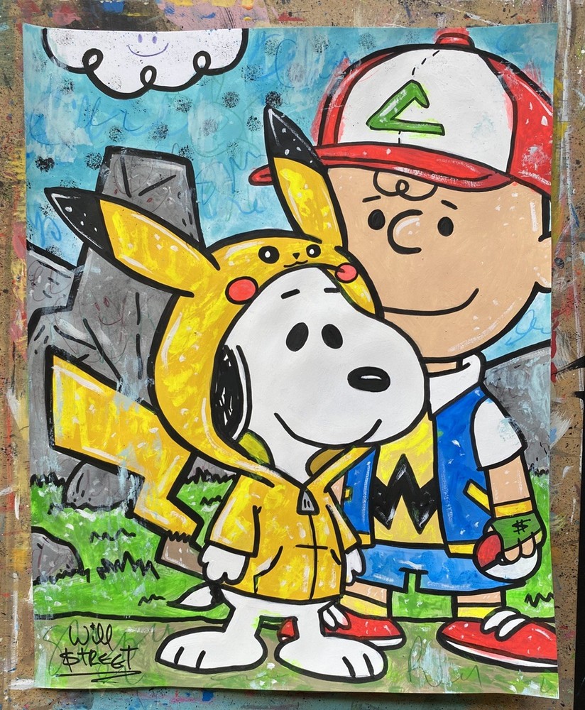 WILL STREET original painting 11×14/ Charlie Brown snoopy peanuts Pikachu art