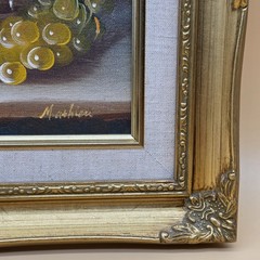 Vintage Still Life Oil Painting Fruit Basket Apple Pear Grapes Framed Art Signed