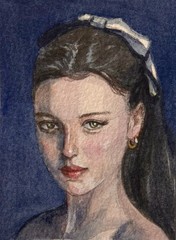 Original Watercolor ACEO Girl Portrait With Bow Miniature 2.5×3.5”