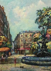 MID CENTURY OIL Painting ~ PARIS FOUNTAIN ~ c.1950s French A. BLANCHARD