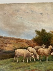 Antique Painting 1920’s Landscape Sheep Nature Signed Listed Famous Oil Canvas