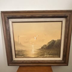 Framed Realism Seascape Painting Lighthouse & Birds Nautical Nature Theme