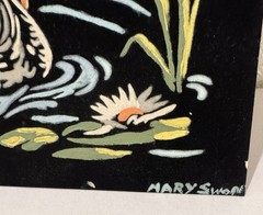 2 Vtg 60s SWAN PAINTING Set VELVET BLACK Picture Art Deco Lake Branches Blossom