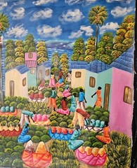 Mid-Century Haitian Art Canvas Signed Alaby Beautiful Bright Unframed 40″×30″