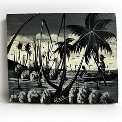 Vintage Haitian Folk Art Oil Painting 8×10 Tropical Coastal Boat Scene