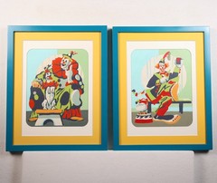 Vintage 50s Paint by Number „Clown with Dog“ & „Clown with Duck“ Framed Set of 2
