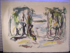 Abstract Landscape Figure MCM Mid Century Watercolor Painting