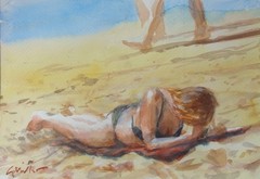 GERRY MILLER. “Beach” watercolor painting on paper. 15 x 21 cm.