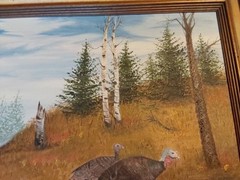 Vintage Oil Painting On Canvas Turkeys In Forest Signed Framed 28.25″ X 22.25″