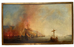 19th Theodore GUDIN – Antique Old Master Oil – Fire by the Coast – Boat and Ship