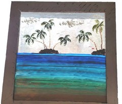 Palm Trees On The Beach Art Painting on Glass Wood Frame Flamingo Caribbean
