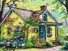 ORIGINAL 2.5×3.5” ACEO Sibley Landscape Painting Colorful “Yellow Cottage”