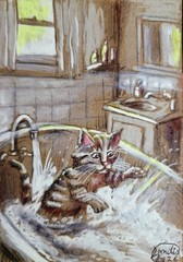 Jacob Landis HANDMADE ORIGINAL Whimsy ACEO Tabby Kitten Sleeps „above The Fire“