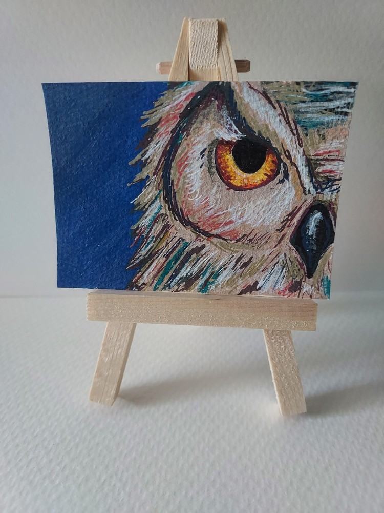 ACEO Original Miniature Owl Eye Illustration Painting,on Paper, Small Unframed