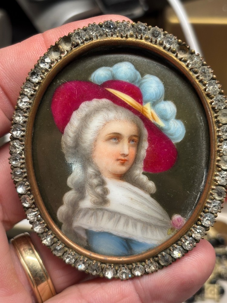 Antique hand painted Porcelain CAMEO AMW 24k gold plated JEWELED FRAME Red Hat