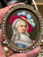 Antique hand painted Porcelain CAMEO AMW 24k gold plated JEWELED FRAME Red Hat