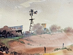 Beautiful Modernist 1970s ADOBE WATERCOLOR Landscape WINDMILL Painting DARVAS NM