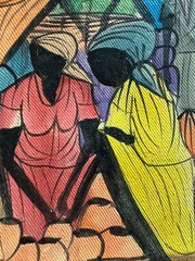 Signed JAMES Vintage on Cloth Canvas Art Painting HAITI Women in Market 8×10 in