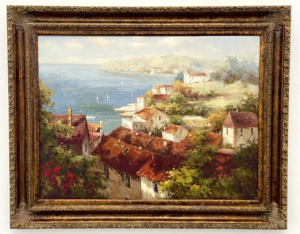 Marvelous Oil on Canvas The Mediterranean Scenery Painting On Gold Wooden Framed