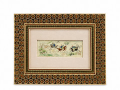 Vintage Persian Khatam Marquetry Frame Hand Painted Porcelain Horsemen Plaque