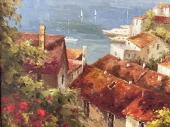 Marvelous Oil on Canvas The Mediterranean Scenery Painting On Gold Wooden Framed