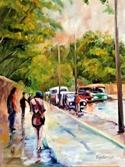 Standing at the Bus Stop: sunshine breaking through the rain clouds with cheer