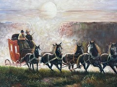 Vtg Stagecoach & Horses Oil Painting Signed Walter Framed & Matted 25×29 Western