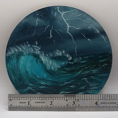 Original Seascape Painting Small Round Ocean Wave Night Lightning Artwork