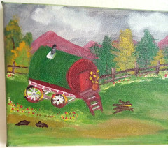 Gypsy Caravan Traveler, Original Acrylic On Canvas Painting 5″ x 7″ by Jayne