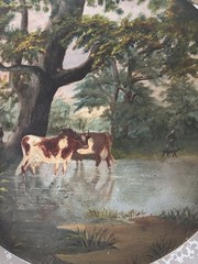 Hand Painted Wood Collector Plate Round Multicolor Cows Landscape Scene