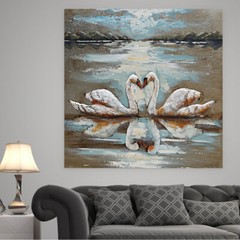 Two White Swan painting. 3d bird Wall Sculptural painting. Smooth texture Art.