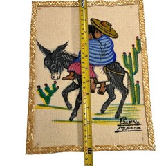 Vintage 2 Mexican Folk Art Burlap Signed Paintings Children Donkey Cactus 12×10