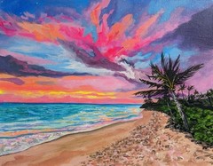 Original Acrylic Painting On Canvas. Scenic Hawaii. Tropical Beach Sunset. 11×14