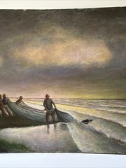 Antique Painting Wpa Regionalism Beach Fisherman Sunset Evening Coastal Sea Oil