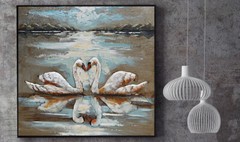 Two White Swan painting. 3d bird Wall Sculptural painting. Smooth texture Art.