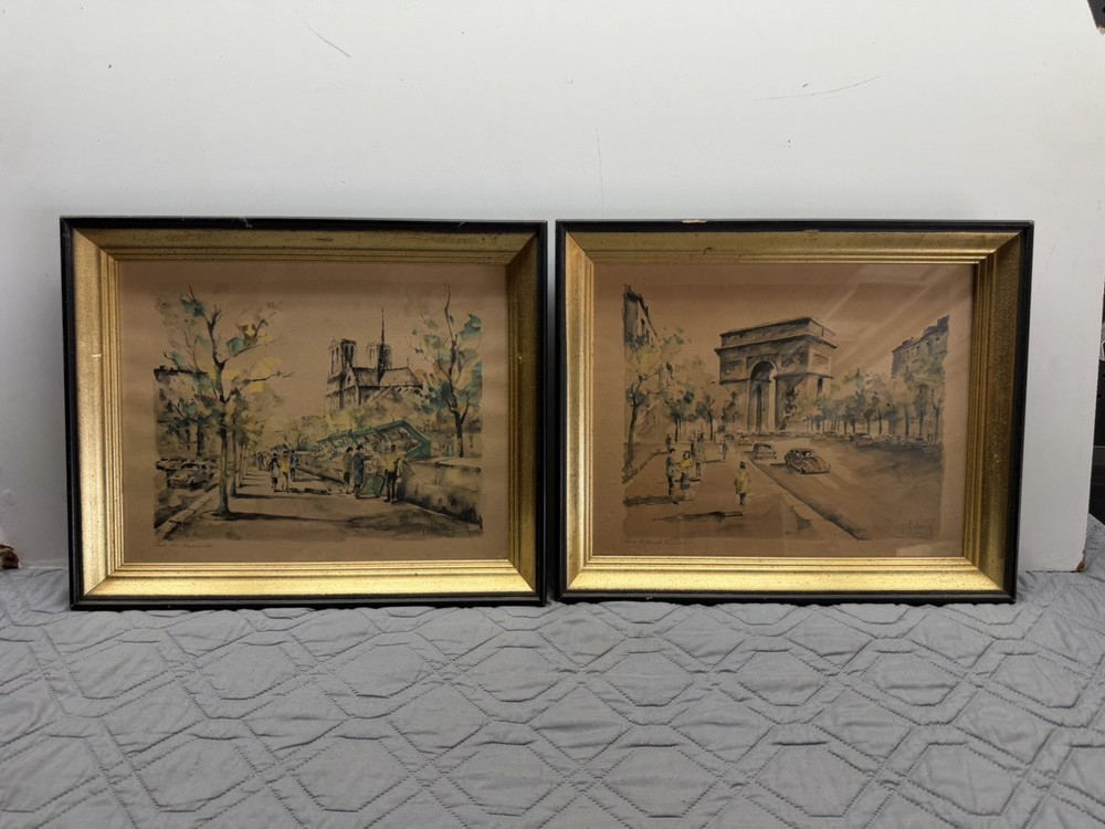 Two Vintage G. Lelong Paris Lithograph Print Set Notre Dame Arc de Triomphe