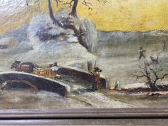 Large Antique „Winter Landscape With Figures Scene“ Oil Painting – Signed/Framed