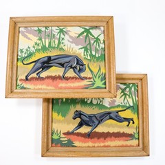 Vtg Paint by Number 1950s MCM Black Panthers Big CATS MidCentury Modern PAIR
