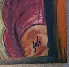 SMOKING MAN ACRYLIC ON CANVAS SIGNED ILLEGIBLY 23.75″ X 23.75″