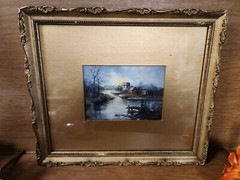 ANTIQUE ORIGINAL PASTEL PAINTING – COTTAGE LANDSCAPE River 13.75 x 12″