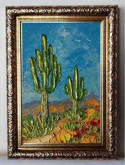 Framed Saguaro Cacti Sonoran Desert Landscape 4×6” Impasto Oil Painting Original