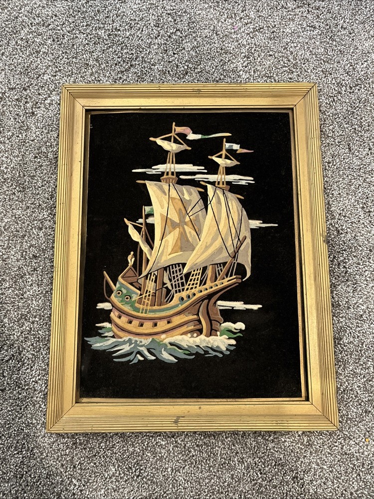 Vintage Velvet Painting Paint by Number? Sailing Ship Galleon Framed Art 18×14″