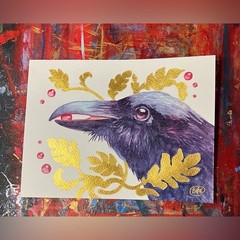 Original Raven Painting crow Bird Art Gold accents surreal nouveau Artwork USA