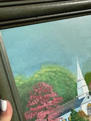 Original Signed Painting on Canvas Church Landscape Framed Signed Rose 2000 Vtg.